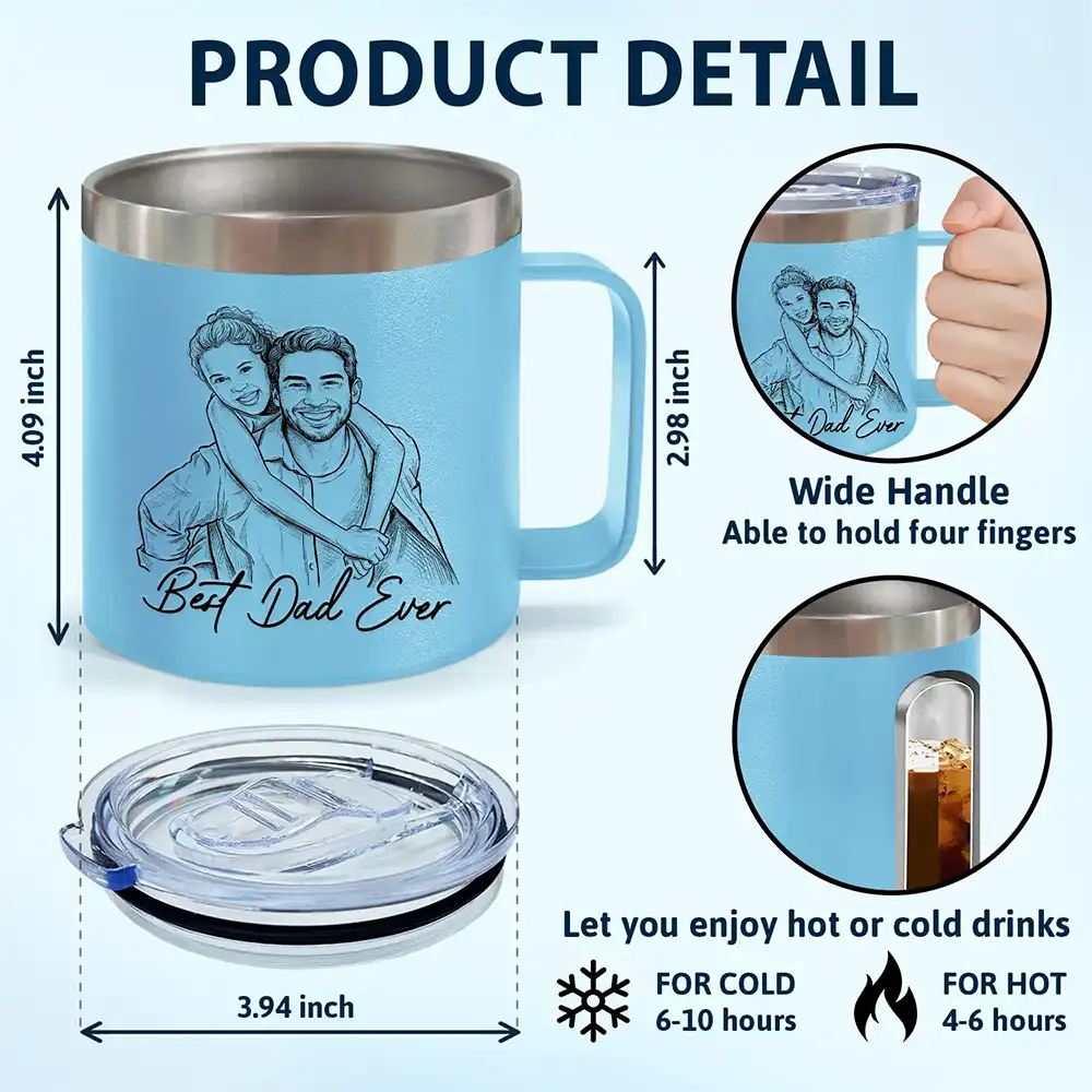 Custom Photo Bold Sketch Best Dad Grandpa Ever Family Portrait - Personalized 14oz Stainless Steel Tumbler With Handle - Image 4