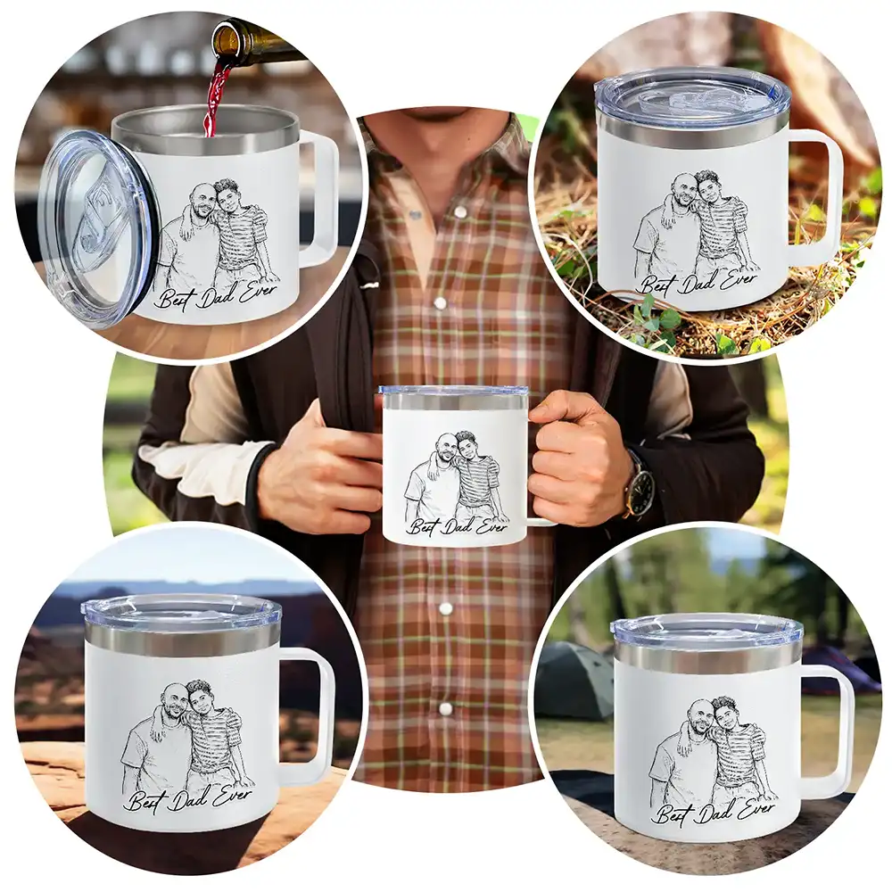 Custom Photo Bold Sketch Best Dad Grandpa Ever Family Portrait - Personalized 14oz Stainless Steel Tumbler With Handle - Image 5