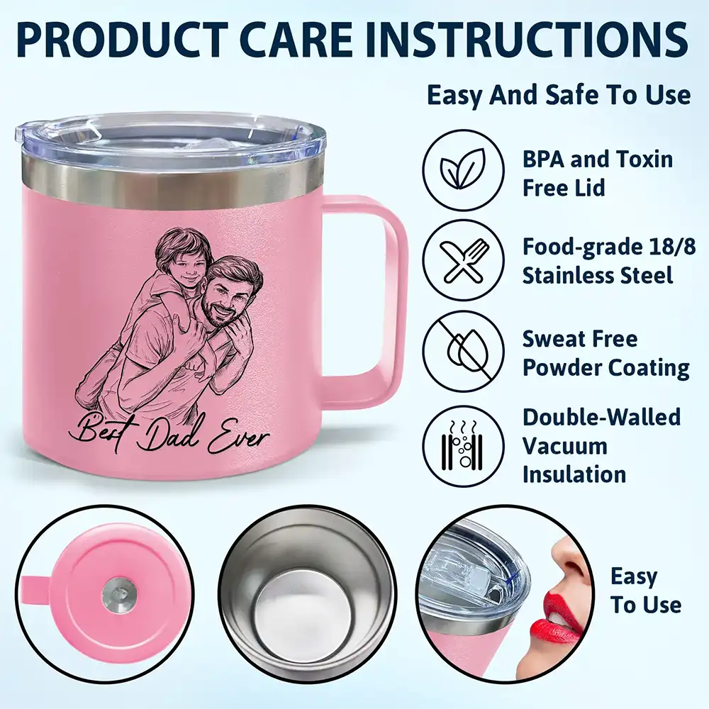 Custom Photo Bold Sketch Best Dad Grandpa Ever Family Portrait - Personalized 14oz Stainless Steel Tumbler With Handle - Image 6