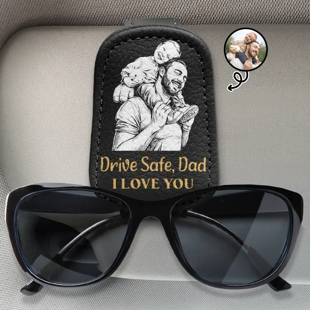 Custom Photo Bold Sketch Drive Safe Daddy Grandpa We Love You Family Portrait - Personalized Sunglasses Holder For Car Visor