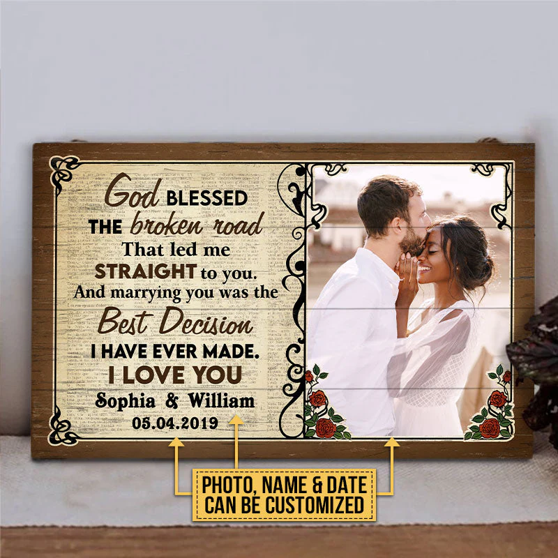 Custom Photo Couple Husband Wife God Blessed The Broken Road Photo Gift Custom Wood Rectangle Sign, Wedding Gift, Anniversary, Wall Pictures, Wall Art, Wall Decor - Image 2
