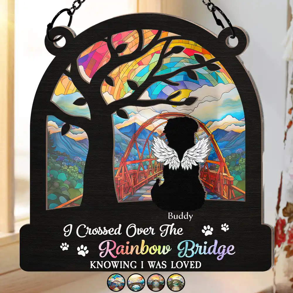 Dog Cat Silhouette Over The Rainbow Bridge - Personalized Window Hanging Suncatcher Ornament