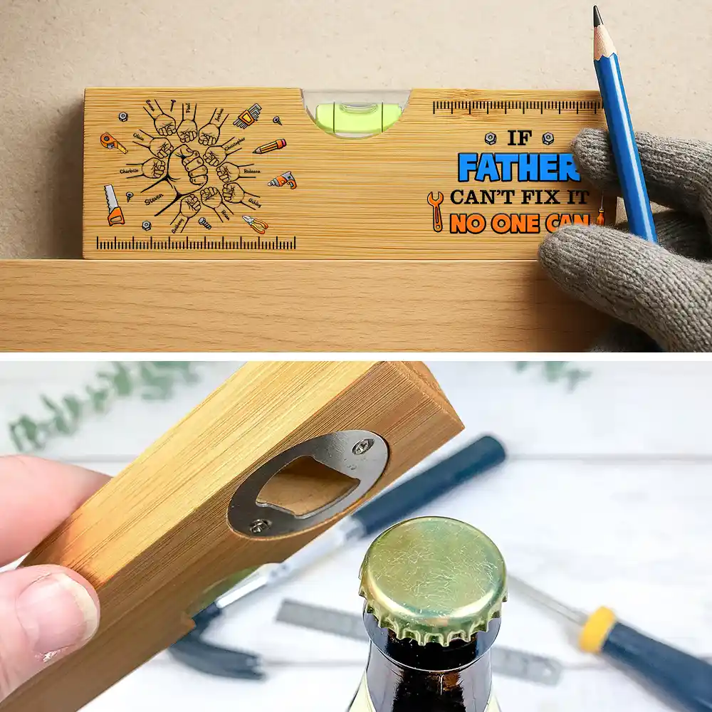 Fist Bump If Dad Can't Fix It No One Can - Personalized Bottle Opener Wood Level - Image 5